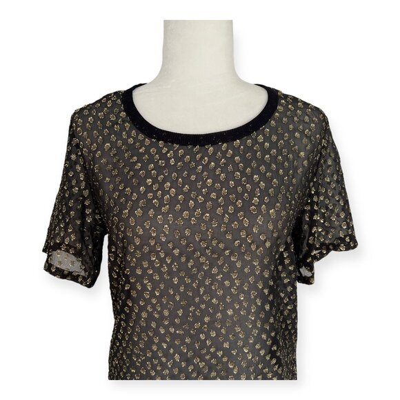 Saint Laurent Black Gold Metallic Polka Dot Sheer Tee - Picture 3 of 12